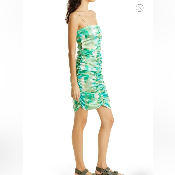 NWT GANNI Ruched Stretch Organic Silk Dress in Lily Green size 0 - Picture 3 of 6